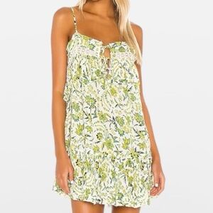Free People Clemente Yellow Green Babydoll Ruffle Tie Mini Floral Dress SMALL